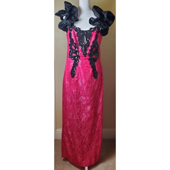 Vintage Loralie 80s Prom Gown Dress Pink Black Lace Sequin Beads Goth Whimsigoth - Picture 1 of 13